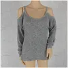 Großhandel - Cold Shoulder Thermal Top 2016 Neues graues schlichtes Ausschnitt-Rundhals-Mode-Baumwollhemd Pullover Neckholder-Top