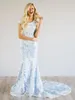 Blue Mermaid Lace Modest Wedding Dresses With Cap Sleeves Jewel Neck Corset Back Country Colorful Bridal Gowns Custom Made