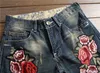 Men's Jeans Wholesale- Gmancl Personality Embroidery Beauty Badge Patch Flowers Ripped Distressed Men Biker Hip Hop Denim Casual Pants