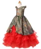 ファッション迷彩赤毛ボールの花の女の子のドレスの床の長さの女の子の服が付いている床の長さの女の子Pageant Gownの最初の聖体拝領のドレスbf05