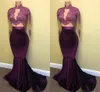 2017 Purple Velvet Two Pieces Prom Dresses High Neck Mermaid Lace Appliques Beaded Sheer Long Sleeves Sweep Train Evening Party Gowns Arabic