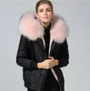 inverno pele grossa Nylon casacos marca Meifeng subiu peles de guarnição do guaxinim mulheres casacos de neve subiu de pele de coelho forrado de nylon preto bombardeiro parka