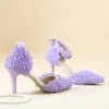 Ankle Strap Summer Sandals Handmade Lace Flower Women Middle Heels Bridal Wedding Shoes Adult Ceremony Pumps Purple Yellow