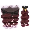 Vinröd Ombre Brasiliansk Virgin Human Hair Wefts Med Front Body Wave 1B / 99J Burgundy Ombre Lace Frontal Stängning 13x4 med buntar