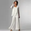 Branco Chiffon Mãe Da Noiva Pant Ternos Bateau Pescoço Rendas Convidado Do Casamento Vestido Com Mangas Compridas Casaco Mães Dos Vestidos Do Noivo