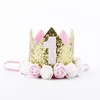 Hot New Baby 1st Birthday Sparkly Party Crown Artificial Pink och Creamy Rose Flowers Tiara Headband HJ145