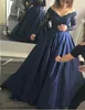 Navy Blue Ball Gown Prom Dresses Off The Shoulder Sheer Long Sleeve Lace Crystal Beads Draped Satin Skirt Dresses Evening Wear Formal
