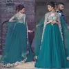 Wspaniały 2018 Teal Tulle Sukienki Arabskie Wieczorowe Nosić z ładnymi Koronkowi Aplikacje High Collar Okładki Formalne Suknie Custom Made En10078