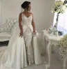 Dois em um laço vestidos de noiva com saias destacáveis ​​cetim branco sem mangas vestidos de casamento do jardim do vintage vestido de noiva formal plus size