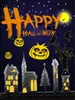 Happy Halloween Background Photography Night Sky with Full Moon Glitter Stars City Houses Children Kids Cartoon Backdrop