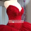 2021 Tulle Ball Gown Wedding Dresses Dark Red Sexy Sweetheart Pearls Crystal Beaded Weddings Bridal Gowns Modest Puffy Bride Dress9854541