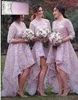 Gorgeous Lilac High Low Bridesmaid Dresses Jewel Neck 3/4 Ärms Lace Appliques Organza Korta Front Long Back Bridesmaids Grows Custom