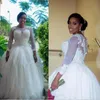 Długie rękawy Suknia ślubna z czystym dekoltem Koronki Aplikacje Koraliki Cekiny Puffy Plus Size Zipper Powrót Bridal Vestidos Suknia