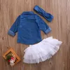 Baby meisje denim mode set kleding kinderen lange mouwen shirts Top + shorts rok + boog hoofdband 3 stks outfits kid trainingspak