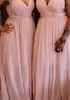 New Pleated Deep V Neck Crystal Chiffon Transparent Long Bridesmaid Dress Plus Size Prom Gown Wedding Criss Cross Straps Custom Ma194g