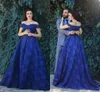 오프 2017 Royal Blue Shoulder Evening Lace A-Line Prom Dresses Back Zipper Sweep Train 공식 파티 가운 Applique New 도착