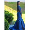 Sexiga två stycken prom klänningar 2023 pärlor hög krage kungblå spets långa ärmar sjöjungfest festkändis klänningar arabiska klänningar kvällskläder