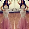 2017 Querida Cristal Frisado Lantejoula Vestidos de Noite Sereia De Luxo Tule de Cetim Até O Chão Plus Size Pele Rosa Prom Vestidos Pageant Vestido