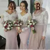 2021 платья подружки невесты для свадьбы Мусульманские V шеи русалка с длинными рукавами Белые кружевные аппликации подвесного поезда плюс размер формальной горничной чести