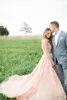 2016 Hot Sell Blush Pink Trouwjurk Sexy Sheer Bling Pearls Kant Applique Jewel Neck A Line Backless Country Bridal Jads Chapel Train