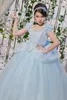Cinderella Pageant Klänningar För Tonåringar Kort Cap Sleeve Platser Sequins Lacing Sky Blue Kids Ball Gown Flower Girl Dress Tulle Girl Prom Dress