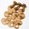 Brazilian Honey Blonde Body Wave Hair Weaves With Lace Closure 27 Strawberry Blonde Human Hair Bundles With Three Middle 3 Part Top Closure