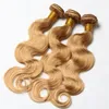 Braziliaanse Honing Blonde Body Wave Haar Weefsels met Kantsluiting 27 Aardbei Blonde Menselijk Haarbundels met Three Middle 3 Deel Bovenste sluiting