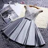 Silver Gray Party Dresses Arrival Real Photos Satin with Lace Prom Gowns Knee-Length Red,Royal Blue,Champagne,Red Cocktail Dress