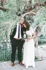 Korta ärmar blygsamma bröllopsklänningar vintage spets a-line golvlängd boho brudklänningar långa utomhus vestidos de novia ny billig 255f