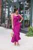 Espaguete africano Prom Dresses 2018 Fushia Cetim Sereia Vestidos de Noite Ruffles Plus Size Sereia Formal Vestido de Festa Custom Made