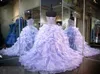 Ruffles Ball Gown Prom Klänningar Lång Tunga Beaded Sequins Topp Korsett Quinceanera Womeansk Pagant Skönhet Kappor Real Photos Lavendel Organza