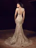 Fashion 3D Applique Mermaid Formal Dresses Evening Wear Sheer Jewel Neck Evening Gowns Beading Sweep Train Tulle Prom Dress