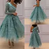 One Shoulder Prom Dresses Mint Green 3D Floral Appliques Evening Gowns Long Sleeves Ankle Length A Line Vestidos