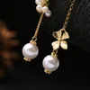 Fashion Wholesale Costume Jewelry Gold Leaves Pearl Beads Long Dangle Asymmetric Earrings for Women Pendientes Mujer Moda