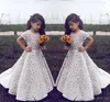 .Lace Flower Girl Dresses For Wedding Vintage Jewel Short Sleeves A Line Girls Pageant Sweep Train Kids Birthday Prom Dress Formal Wea