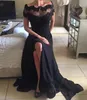 Newest Black Chiffon Prom Dress Lace Beaded Cap Sleeve Sexy Boat Neck High Slit Long Evening Gown Women Prom Party Dresses