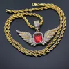 Hip Hop Angel Wings with Big Red Ruby Pendant Necklace for Men Women Iced Out Jewelry2497