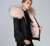 Nylon casacos rosa guarnição de pele de guaxinim Meifeng mulheres marca neve casacos de pele de coelho rosa alinhada preto parka bomber nylon para o tempo frio de inverno