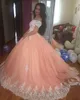 2019 Fabulous Colorful Ball Gown Wedding Dresses Arabic Off the Shoulder Lace Appliques Coral Peach Lace-up Back Puffy Princess Bridal Gowns