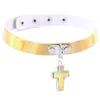 Laser Rainbow Leather Choker Necklace Collars with Jesus Cross Pendant Women Fashion Slave hip hop Jewelry will and sandy drop ship