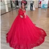 Hors de l'épaule rouge Tulle Applique dentelle à manches longues robe de bal Quinceanera Dresse 16 ans fête pour les filles