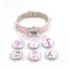 1PC Pulsera 6PCS Botones Intercambiables Broche de joyería Brazaletes de cuero Cinta rosada Concientización sobre el cáncer de mama Pulseras a presión para mujeres