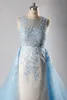 Light Sky Blue Lace Evening Dress With Detachable Cathedral Train Luxury Elegant Illusion Beading Rhinestone Real Formal Party Gowns