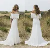 2020 Neue sexy Brautkleider im Boho-Landhausstil, schulterfrei, Spitze, Chiffon, böhmische Brautkleider, Brautkleider in Übergröße