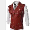 Men's Vests Wholesale- Leather Motorcycle Vest Mens Black Leather Vest Red Waistcoat Steampunk Rock Slim Fit Zipper Sleeveless Jacket XXL