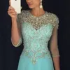 Chic Illusion Blue Prom Evening Dresses Aline Sheer Neck Rhinestones Major Pärled 34 Long Sleeves Chiffon Formal Party Gown Celeb8843753