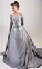 Silver Gray Embroidery Evening Dresses 2017 Off Shoulder Illusion Long Sleeve Prom Gowns Backless Satin A Line Arabic Formal Party Dress