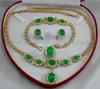 Natural Green Jade Inlay Link Bracelet earrings Ring Necklace Set