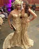 Oszałamiające złote cekiny Sukienka 2017 Moda Aso-Ebi Style Seksowna Długa Długa Sukienka Custom Made Mermaid Uroczy Celebrity Party Dresses