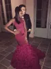 Sexy Burgundy Red Mermaid Prom Dresses High Neck Cutaway Sides Satin Lace Tulle Backless Long African Black Women Evening Dresses Party Gown